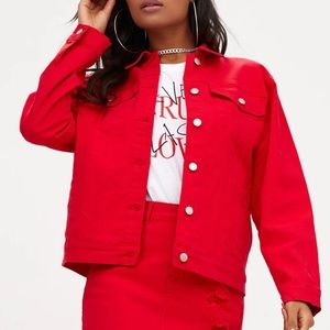 PrettyLittleThing Red Distressed Boyfriend Fit Denim Jacket- NWT! Size 10/L!